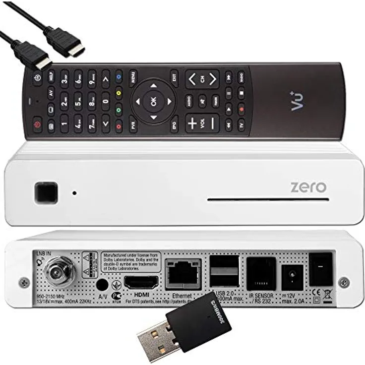 VU+ Zero HW Version 2, DVB-S2 Full-HD Sat Tuner E2 Linux Receiver mit Aufnahmefunktion, YouTube, Media Player, inklusive HDMI-Kabel & 300 Mbits WiFi Stick, weiß