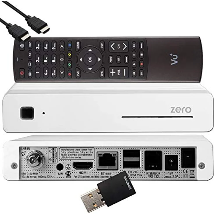 VU+ Zero HW Version 2, DVB-S2 Full-HD Sat Tuner E2 Linux Receiver mit Aufnahmefunktion, YouTube, Media Player, inklusive HDMI-Kabel & 300 Mbits WiFi Stick, weiß – Bild 1