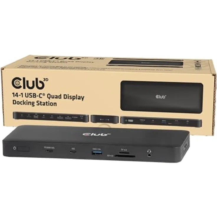 Club3D CSV-2540 14-1 USB-C® Quad-Display-Dockingstation, 4x 4K60Hz, 14 Ports, 2.5GBASE-T Gigabit Ethernet, Schwarz