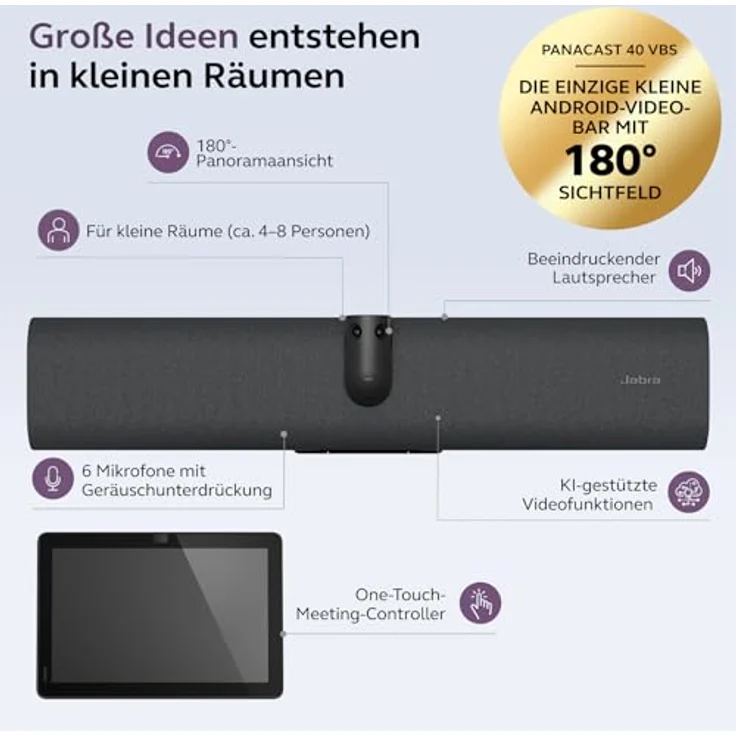 Jabra PanaCast 40 Video Bar System, 180°-Videokonferenzkamera mit Touch-Controller, 6 Mikrofone, Zoom Rooms Zertifiziert, schwarz, EU-Stecker – Bild 2