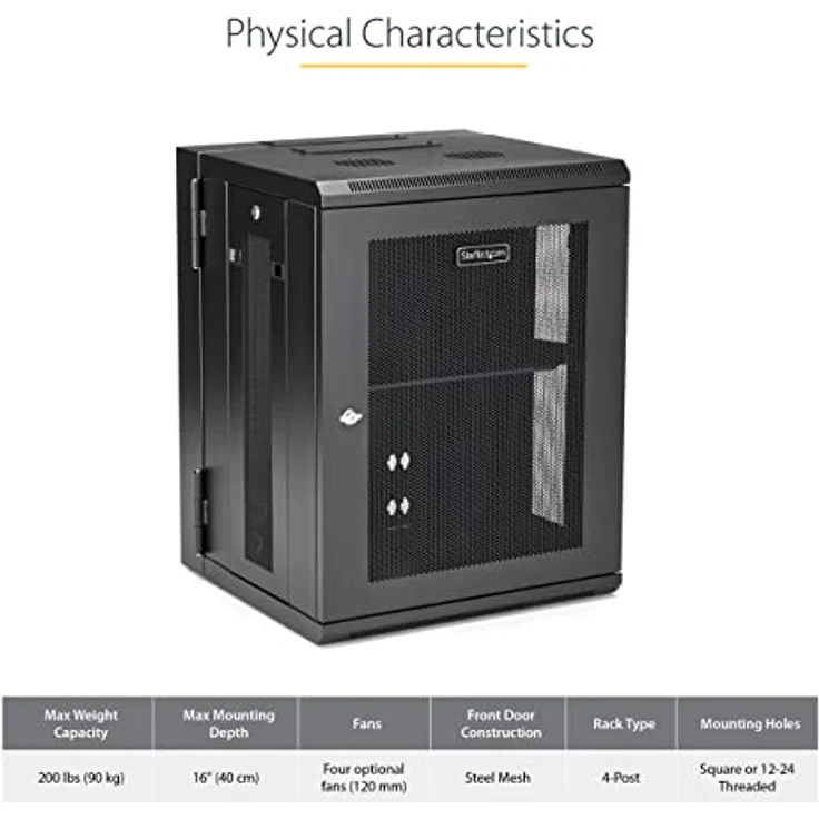 StarTech.com 15HE Wandmontage Server Rack, bis zu 51cm tief, Gehäuse mit Scharnier, Netzwerkschrank, Server Schrank – Bild 4