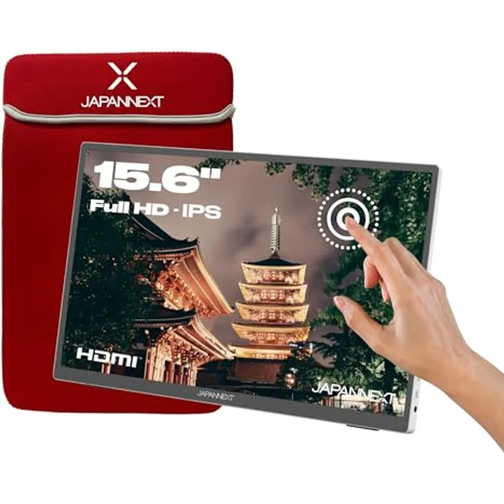 JapanNext JN-MD-i156FHDR-T, Tragbarer 15.6 Zoll Touchscreen Monitor, Full HD, HDR, IPS-Panel, HDMI/USB-C, G-Sync/FreeSync, mit Schutzhülle