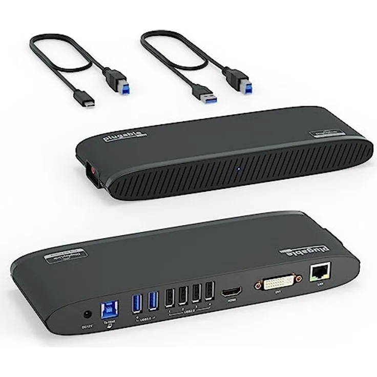 Plugable USB 3.0 Universelle Dual Monitor Docking Station für Windows und Mac (Dual Video HDMI und DVI/VGA, Gigabit-Ethernet, Audio & 6 USB Ausgänge)