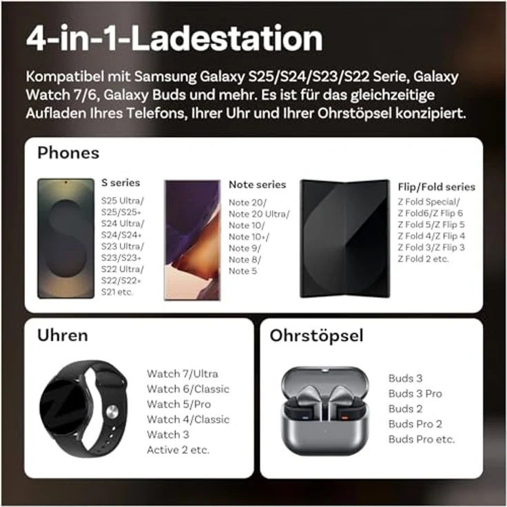 MMOBIEL Induktive Ladestation 4 in 1 Qi2 – Faltbare Kabellose Ladegerät für Samsung Galaxy S25/S24/S23/S22, Watch 7/6/5 und Buds – Inkl. 25W Adapter – Schwarz – Bild 2