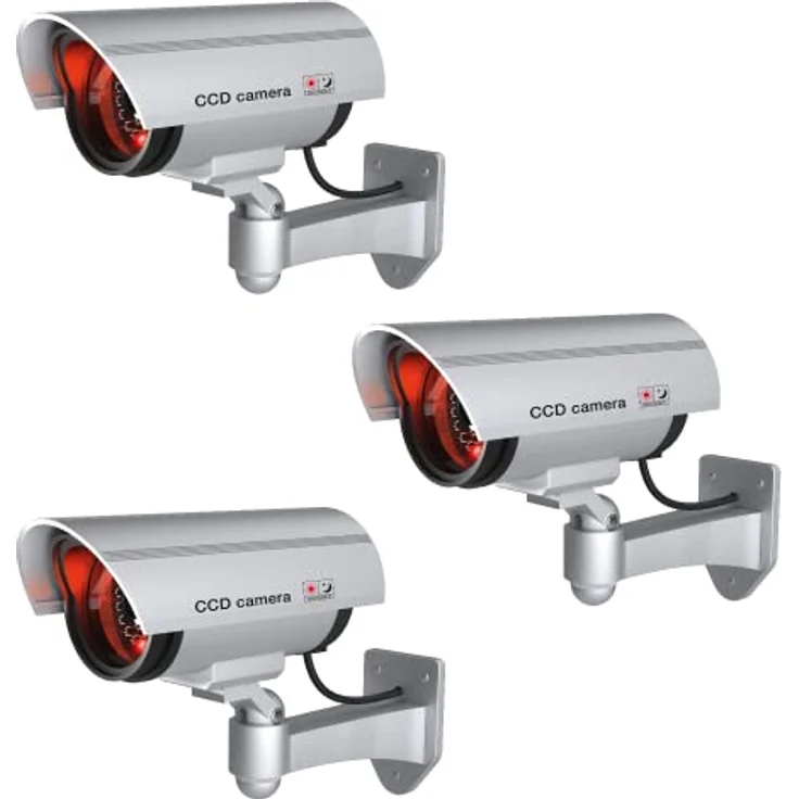BASI 3er Set Kamera-Attrappe mit blinkendem LED-Licht, Sicherheitskamera für Innen- und Außenbereich, drahtlos, Silber, 3 Stück – Bild 1
