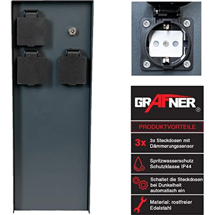 Grafner Edelstahl Design Gartensteckdose Dämmerungssensor, 3 Steckdosen, IP44, anthrazit - KEIN ROST, Energiesäule Mehrfach Metall Außen Steckdose Schwarz Helligkeitssensor – Bild 2