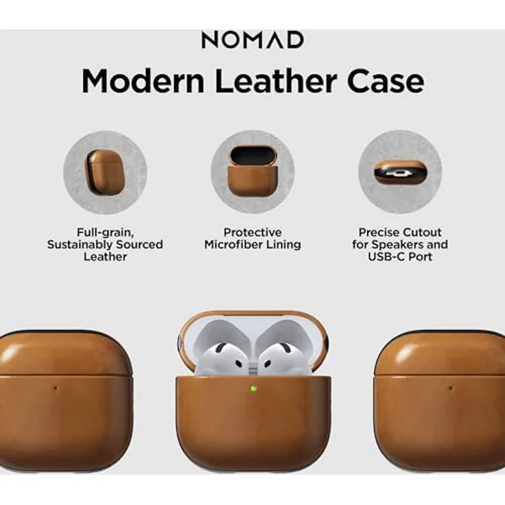 NOMAD Modern Leather Case für Airpods 4 | Robuste Schutzhülle aus Polycarbonat und Echtleder, gummierte TPE-Bumper, kabelloses Laden, English Tan – Bild 3