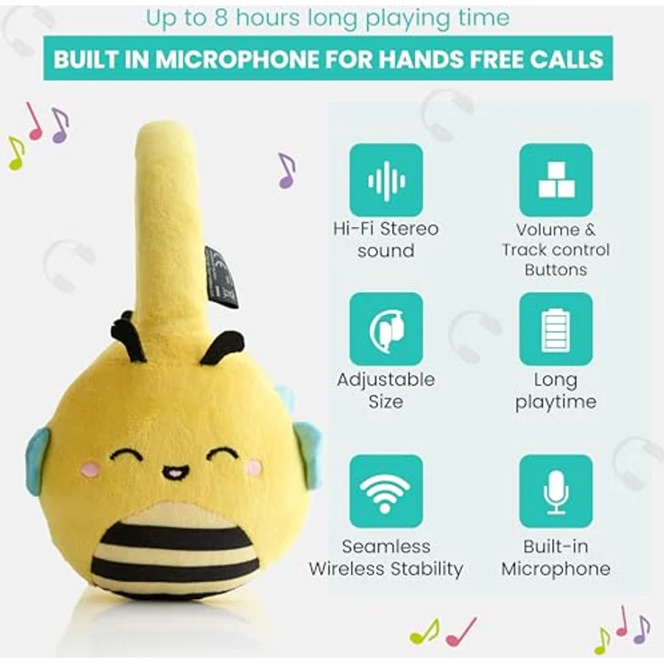 Emoji Squishmallows Kopfhörer SUNNY, kabellose Stereo-Kopfhörer mit Mikrofon, Bluetooth 5.0, verstellbarer Kopfbügel, bis zu 8 Stunden Akkulaufzeit – Bild 2