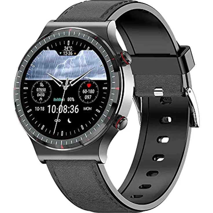 Knauermann Pro 2 (2023) Schwarz - Gesundheitsuhr Smartwatch - OSRAM Sensoren - EKG + HRV Funktion - BT Bluetooth - Schlafapnoe - Blutdruck - Lederfaserband Schwarz, 14-24