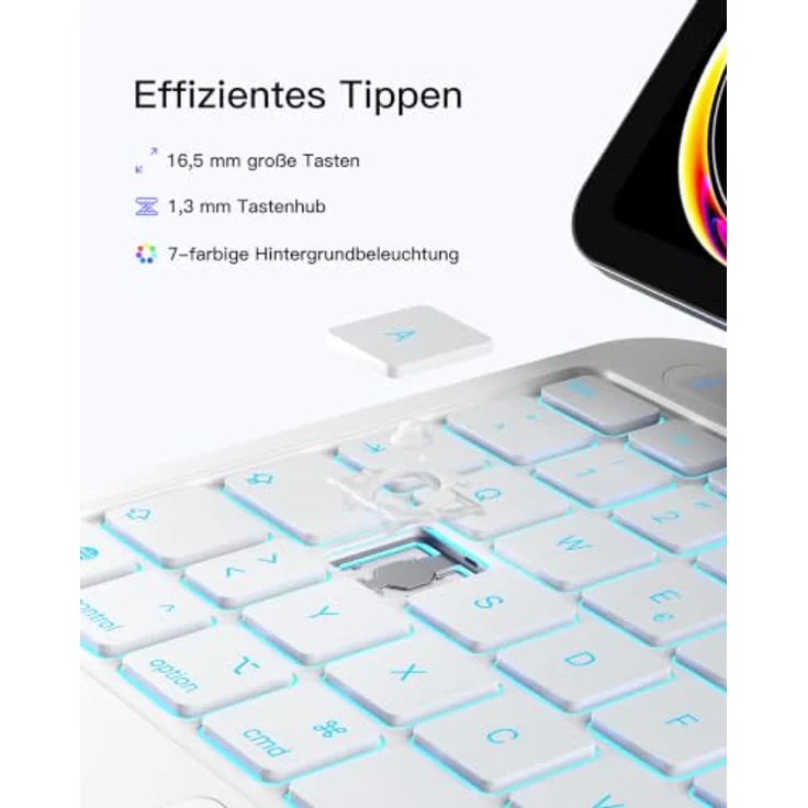 Inateck KB903, Magnetische Tastatur für iPad 11 Gen 2025 A16/10 Gen, Großes Trackpad, LED Anzeige, 7 Farben Hinterleuchtet, QWERTZ, mit Stifthalter – Bild 8