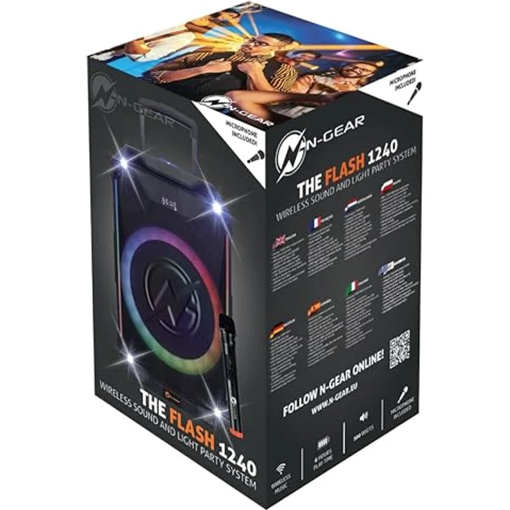 N-Gear The Flash 1240, Bluetooth Lautsprecher mit 500 Watt, 12-Zoll-Woofer, 6 Stunden Akkulaufzeit, LED-Lichtshow und Karaoke-Mikrofon – Bild 11