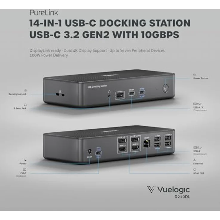 PureLink Vuelogic USB C Docking Station Dual Screen, 14-in-1 Multifunktionale Dockingstation Laptop, 2X HDMI / 2X DP Unterstützung, Ethernet, Multiport, Schwarz – Bild 5