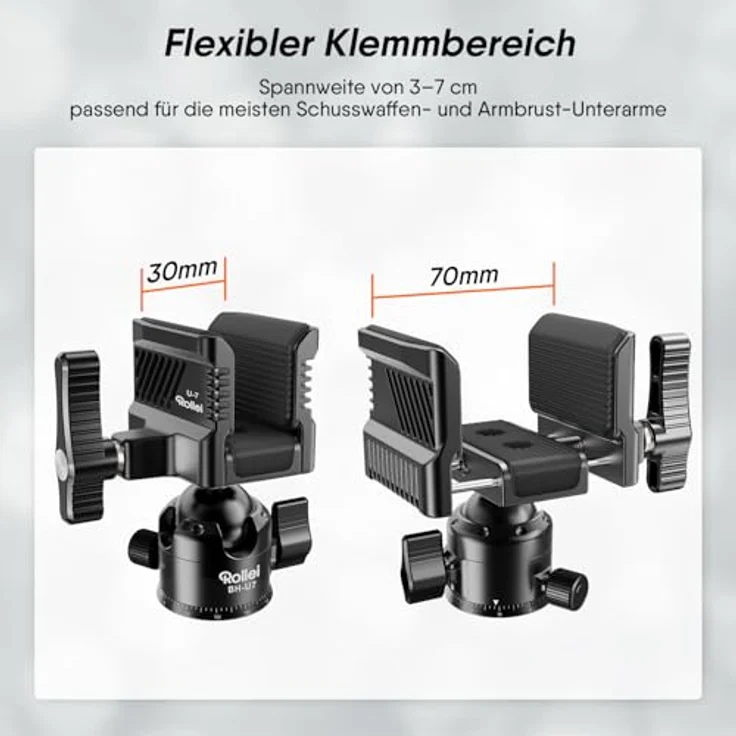 Rollei Gewehrklemme BH-U7, 360° Drehung mit Kugelkopf, 10 kg Tragkraft, Spannweite 3–7 cm, Aluminium & Gummi, 600 Gramm – Bild 2
