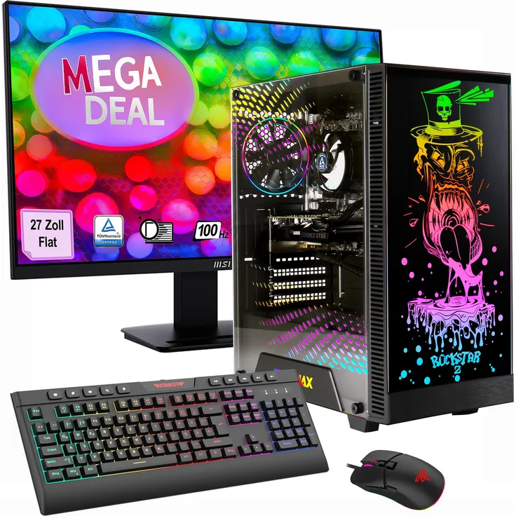 GAMEMAX Gaming PC Rockstar Komplett SET, Ryzen 7 5700X, 32GB RAM, 1TB SSD, RTX 5060, inkl. 27 Zoll MSI PRO MP273A Monitor mit IPS-Technologie, Windows 11 + Zubehör