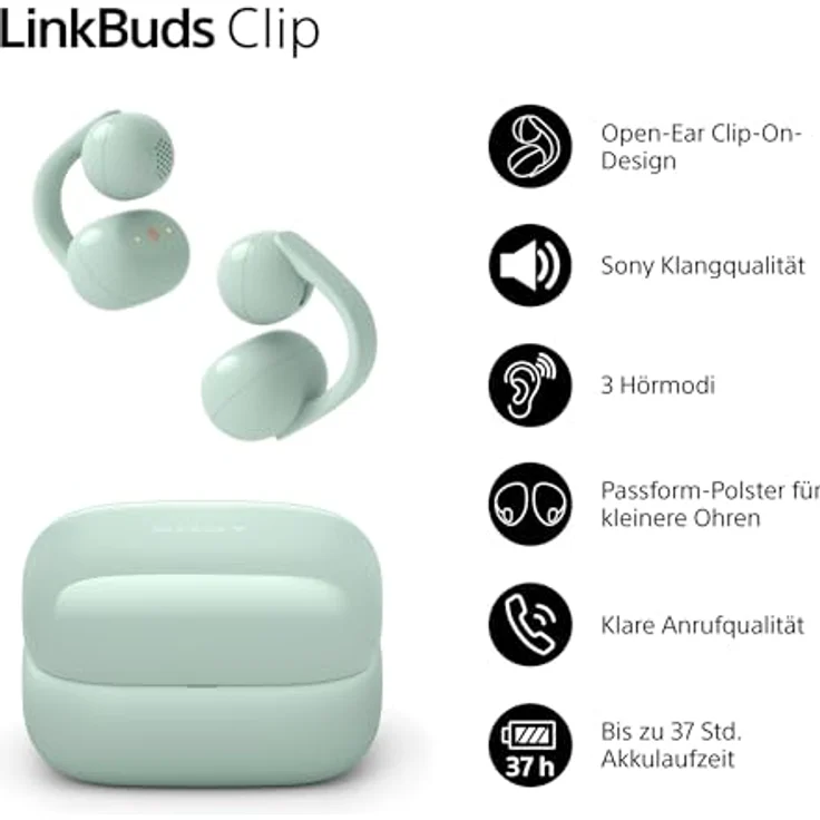 Sony LinkBuds Clip, Kabellose Kopfhörer mit 9 Stunden Akkulaufzeit, Anpassbare Polster, KI-Rauschunterdrückung, Grün – Bild 3