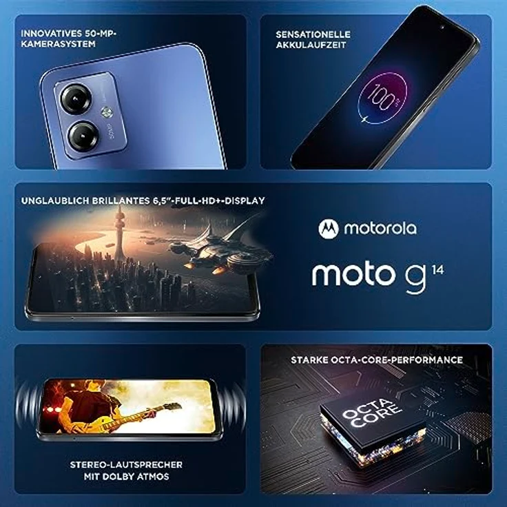 Motorola Moto g14 Smartphone (6,5"-FHD+-Display, 50-MP-Kamera, 4/128 GB, 5000 mAh, Android 13) Sky Blue, inkl. Schutzcover + KFZ-Adapter [Exklusiv bei Amazon] – Bild 3