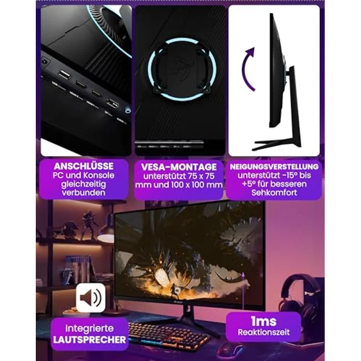 Arozzi Nova 32” Gaming Monitor, IPS 180Hz QHD 1440p, Adaptive Sync, HDR10, flimmerfrei, 100% sRGB, Schwarz – Bild 3