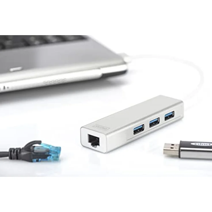 DIGITUS USB-Hub - 3 Ports - RJ45 Ethernet-Anschluss - Super-Speed USB 3.0 - 5 GBit-s - Gigabit LAN - Aluminium-Gehäuse – Bild 3