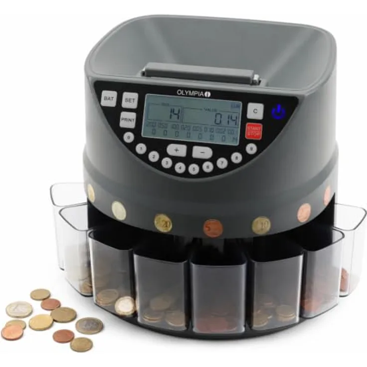 OLYMPIA Münzzähl- und Sortiermaschine CC 300, 600 Münzen in EUR, bis zu 270 Münzen pro Minute, LED-Display und Kundendisplay
