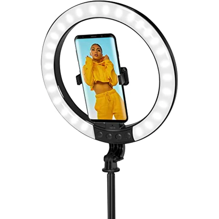 LogiLink AA0156 Ringleuchte, zusammenklappbares LED-Ringlicht mit ausziehbarem Selfie-Stick-Stativ und Farbwechselfunktion, Schwarz – Bild 6