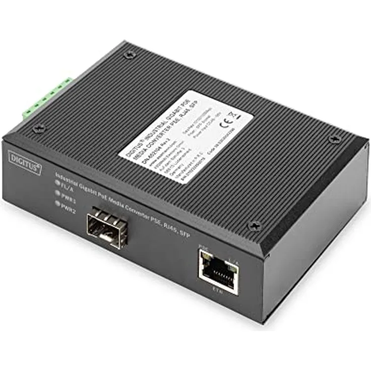 DIGITUS DIN-Rail Medienkonverter - SFP Port - Gbit Ethernet - RJ45 / SFP 1000Base-X - Mit PoE-Injektor - Schwarz
