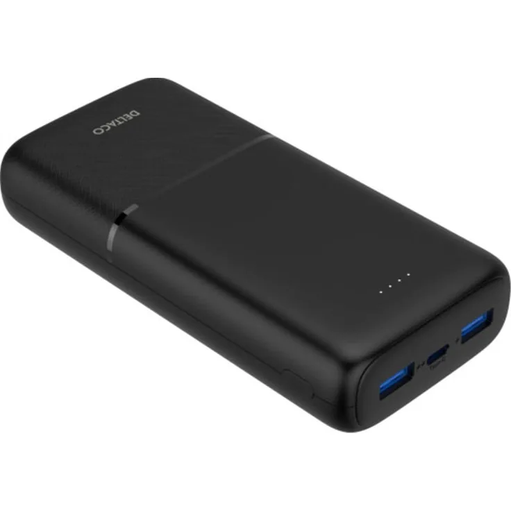 Deltaco Powerbank with fast charging, 3 ports, 2x USB-A 18W, 1x USB-C PD 20W, 20,000 mAh black, Powerbank