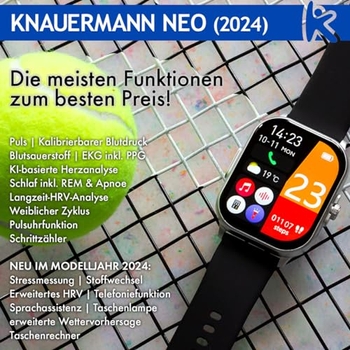 Knauermann NEO 2 (2025) Smartwatch – Mit EKG, Blutdruck, Schlafapnoe-Erkennung & Notruffunktion