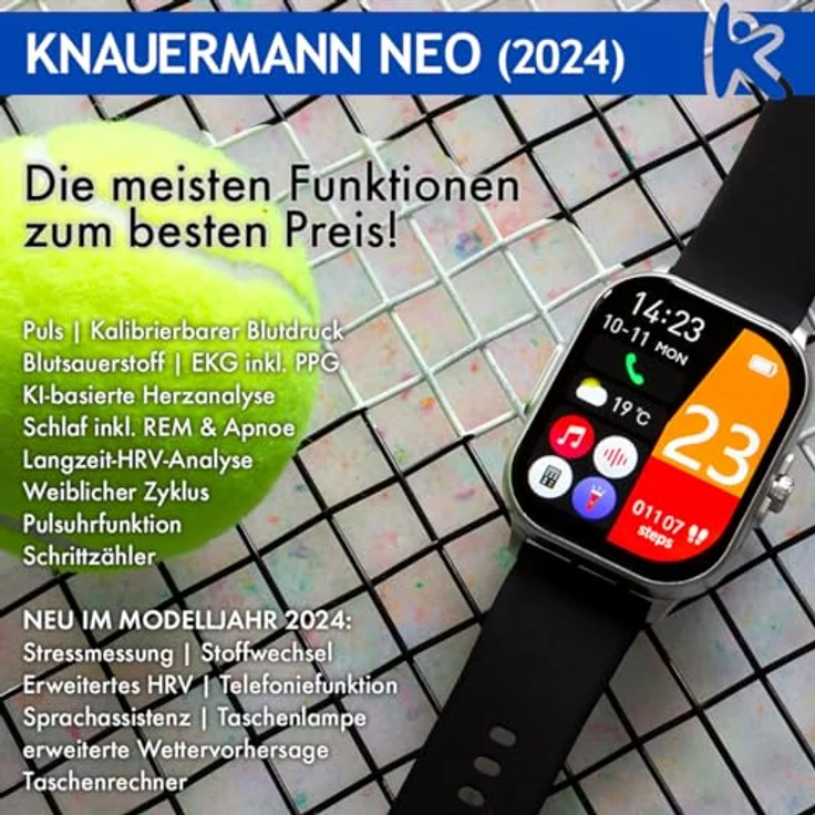 Knauermann Neo (2024) Schwarz Eckig - Gesundheitsuhr Smartwatch - EKG + HRV Funktion - BT Bluetooth - Schlafapnoe - Blutdruck - Silikonband Schwarz, 14-24 – Bild 5