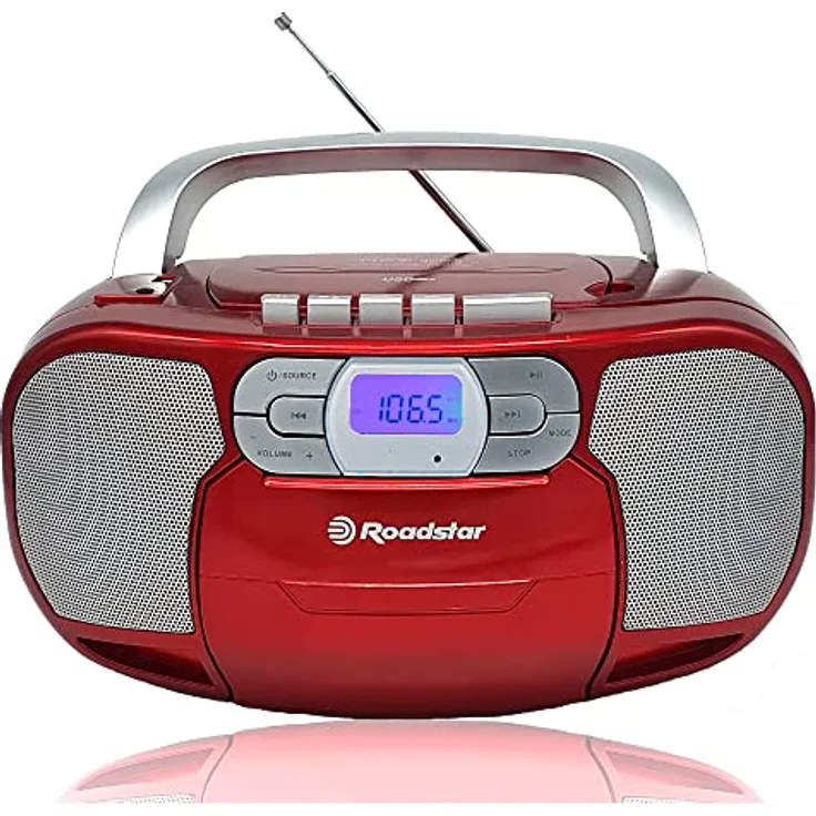 Roadstar RCR-4635UMP/RD Tragbares CD-Radio und Boombox mit Digitalem PLL FM-Radio, USB, AUX-IN, Kopfhörerausgang, rot