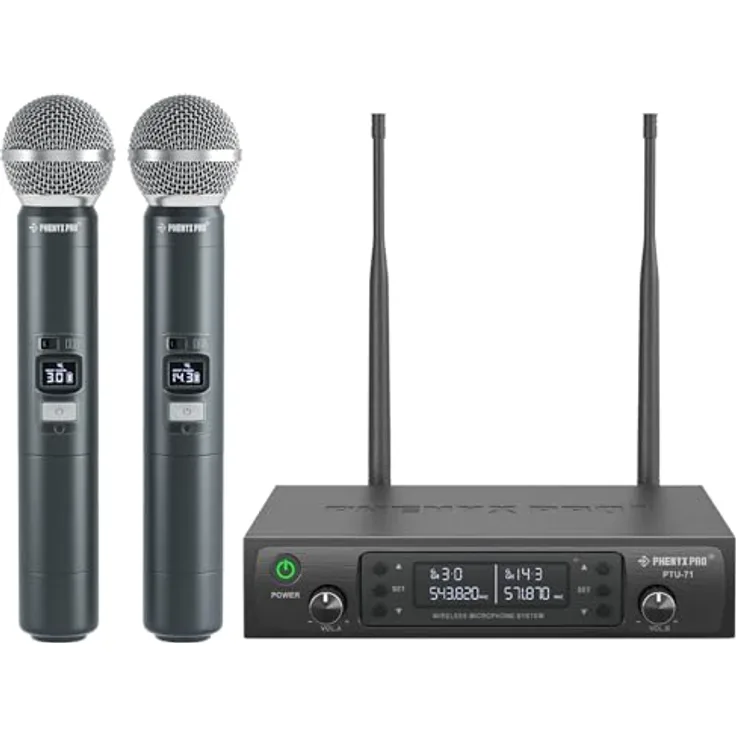 Phenyx Pro PTU-71-2H, UHF Funkmikrofon-System mit Dual Auto Scan, 290ft Reichweite, inklusive 2 Handmikrofone