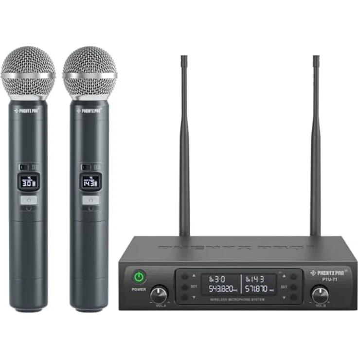 Phenyx Pro PTU-71-2H, UHF Funkmikrofon-System mit Dual Auto Scan, 290ft Reichweite, inklusive 2 Handmikrofone – Bild 1