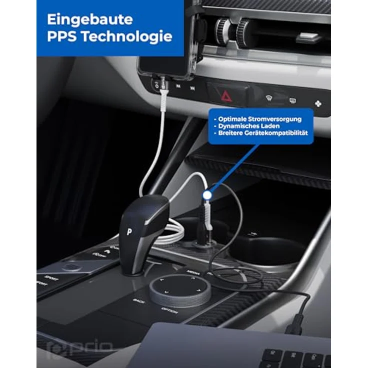 Prio KFZ-Schnellladegerät 45W PD PPS (USB C) + 45W (USB A), silber, duales Laden für Smartphones und Laptops – Bild 4