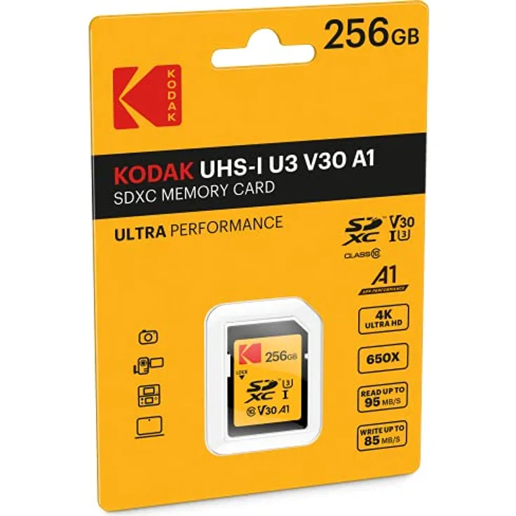 Kodak Ultra SD-Speicherkarte 256GB, UHS-I U3 V30, Class10, Lesegeschwindigkeit bis 95MB/s und Schreibgeschwindigkeit bis 85MB/s