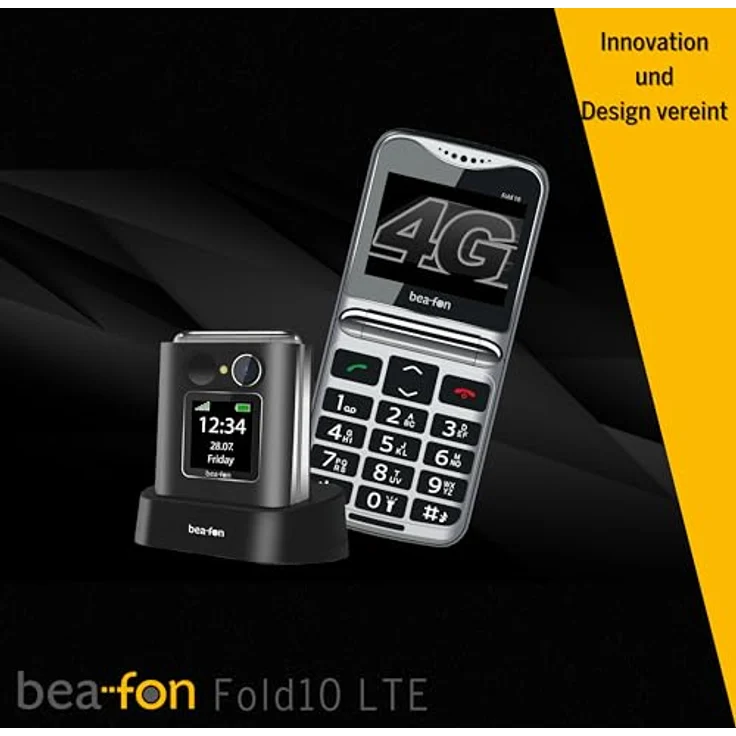 Beafon Fold10 LTE Klapphandy, XL Farbinnendisplay 2,2" (5,58cm), XL Farbaußendisplay 1,44" (3,65cm), SOS Notruftaste, Fotokontaktanzeige, Kamera, Lichtsignal, Tischladeschale, schwarz-Silber. – Bild 4