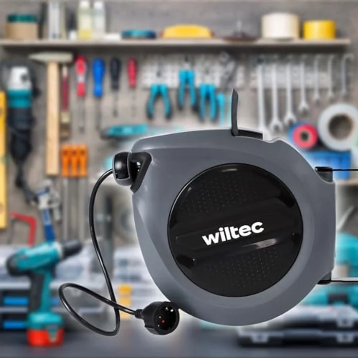 Wiltec Kabeltrommel 20 m + 2 m, automatischer Kabelaufroller 1500 – 3200 W, Verlängerungskabel Trommel 180° Halterung, robuste Kabel Trommel, schwarz – Bild 2