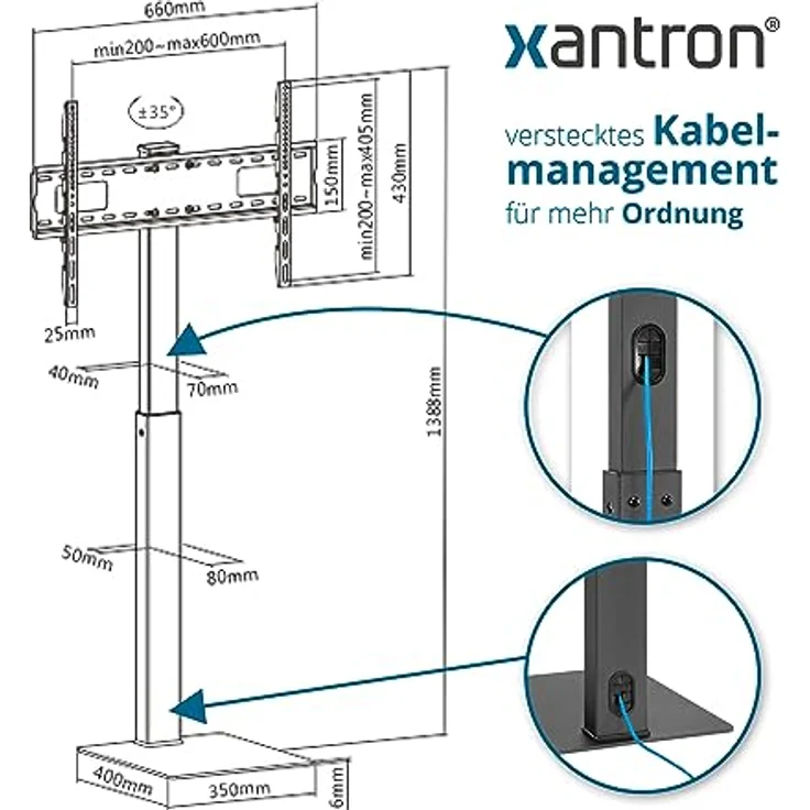 Xantron® Universal TV Ständer 37-75 Zoll/VESA 200x200-600x400 / Höhenverstellbarer, drehbarer TV Standfuß mit Kabelmanagement/Fernseher Standfuss bis 40kg, Schwarz – Bild 4