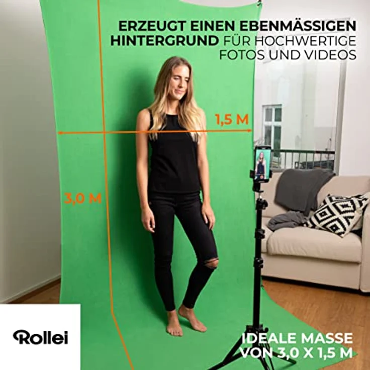 Rollei Hintergrund 300 x 150 cm für das Rollei X-Drop Hintergrund-System, perfekt für Ganzkörper-Aufnahmen, knitterfrei und reflexionsfrei (Grün) – Bild 4