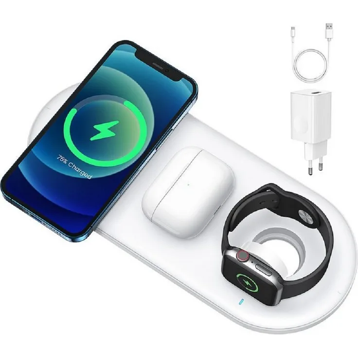 JOYROOM 3in1 20W Wireless Charger für AirPods Telefon/Kopfhörer, weiße Ladestation mit USB Typ C Kabel - JR-A27