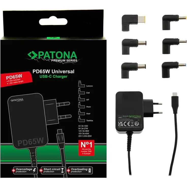 Patona ntb power adapter/ 18,5-20V 65W/ 6 Anschlüsse/ UNI/ USB-C/ Power delivery, Premium Netzteil für Asus Lenovo Dell, schwarz
