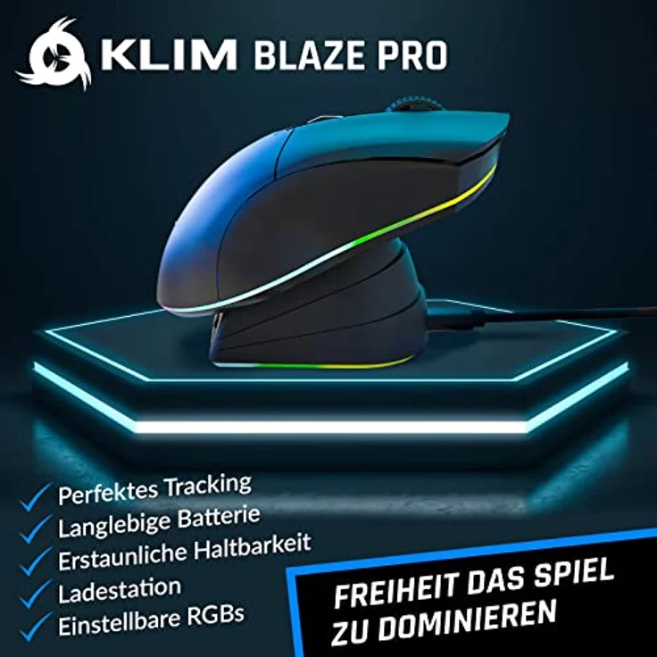 KLIM Blaze Pro Wiederaufladbare kabellose Maus - NEU 2024 - Gaming Maus mit RGB und Ladestation - Hochpräziser Sensor - Bis zu 6000 DPI - Für PC - Mattschwarz – Bild 2