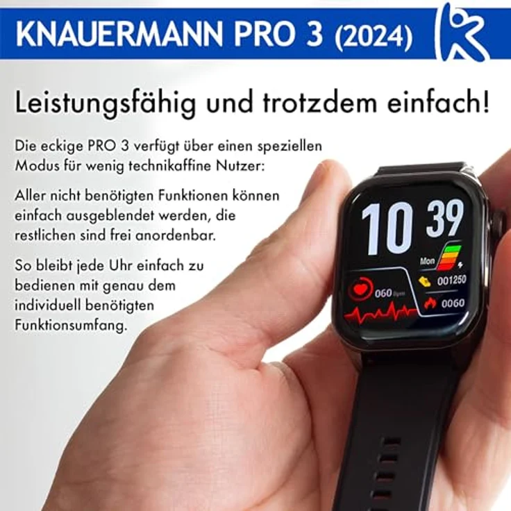 Knauermann PRO 3 (2024) Schwarz - Gesundheitsuhr Smartwatch mit Telefoniefunktion - EKG + HRV und SOS Funktion - AMOLED Display- BT Bluetooth - Schlafapnoe - Blutdruck - Edition 1, 14-24 – Bild 5