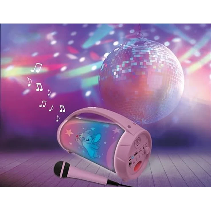 Lexibook Disney Stitch, Leuchtender kabelloser Lautsprecher mit Mikrofon, Stereo-Sound, Karaoke-Funktion, USB- und SD-Anschluss, wiederaufladbarer Akku, rosa, BTP585D1Z – Bild 2