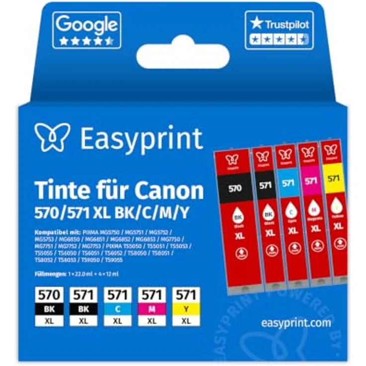 Easyprint Tintenpatrone PGI 570 XL / CLI 571 XL, 6-tlg. Multipack in Schwarz, Cyan, Magenta, Gelb, hohe Seitenleistung und brillante Druckqualität – Bild 1