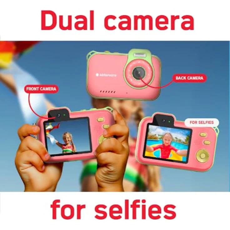 AgfaPhoto Realikids Cam Waterproof 2, wasserdichte Kinderkamera mit 12 MP, HD-Video, Selfiemodus, integrierten Spielen und Lithium-Akku – Rot – Bild 4