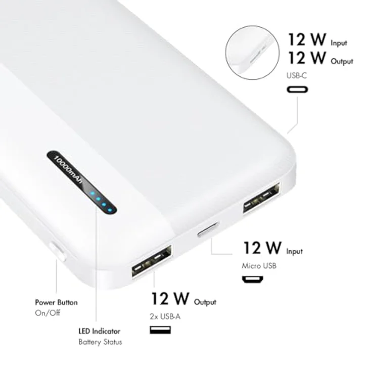 LogiLink PA0338WRF - Powerbank 10.000 mAh, Schnellladenfunktion, 2x USB-A, 1x USB-C, kompakt, Weiß – Bild 4