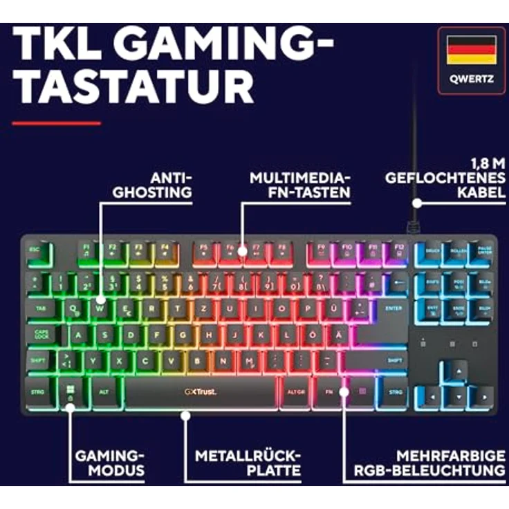 Trust GXT 833 Thado TKL Gaming Tastatur, Deutsche QWERTZ, Kompakte 80% USB Tastatur mit Metall-Rückplatte, Anti-Ghosting, LED-Beleuchtung, Schwarz – Bild 2