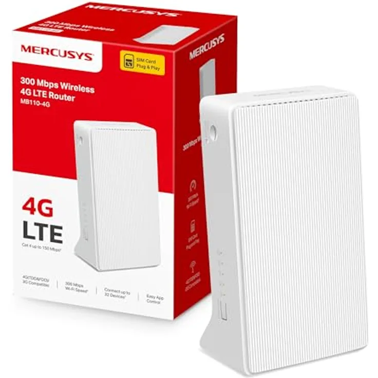 MERCUSYS MB110-4G LTE Router, 4G Cat4 bis zu 150 Mbit/s, WLAN 2.4GHz N300, 2X 100 Mbps Ports, bis zu 32 Geräte, MERCUSYS App