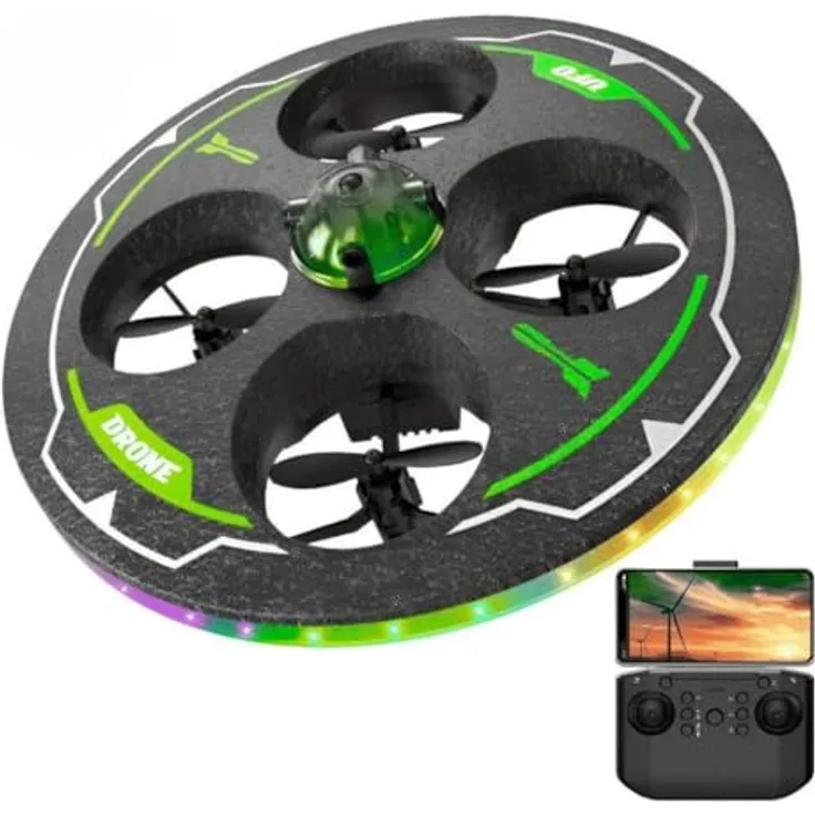 Goldstern-Tech RC-Quadrocopter UFO Einsteiger-Drohne mit 480P Kamera, LED-Beleuchtung, Hinderniserkennung, Höhenstabilisierung & 360° Flip-Funktion