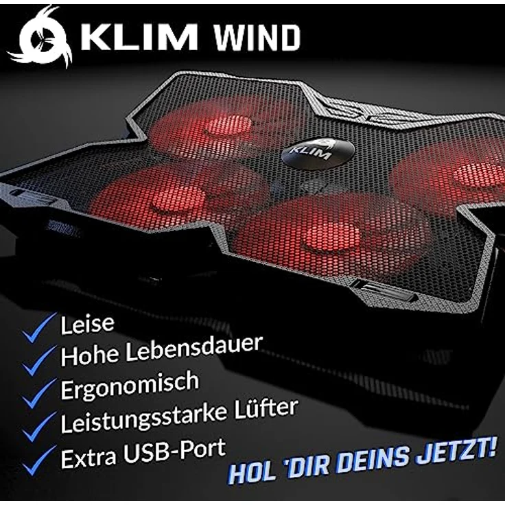 KLIM Wind Laptop Kühler - Cooling Pad mit 4 Lüftern, USB Powered, stabil und leise, kompatibel mit 15-17 Zoll Laptops, rot – Bild 2