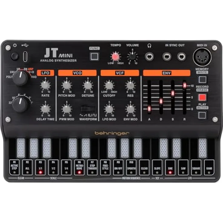 Behringer JT Mini, Analog Synthesizer mit 3 Stimmen, 27 Tasten Keyboard, Arpeggiator und Step-Sequencer